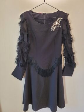 Save The Queen Black Long Sleeve Fringe & Feather Detail Dress - Size S